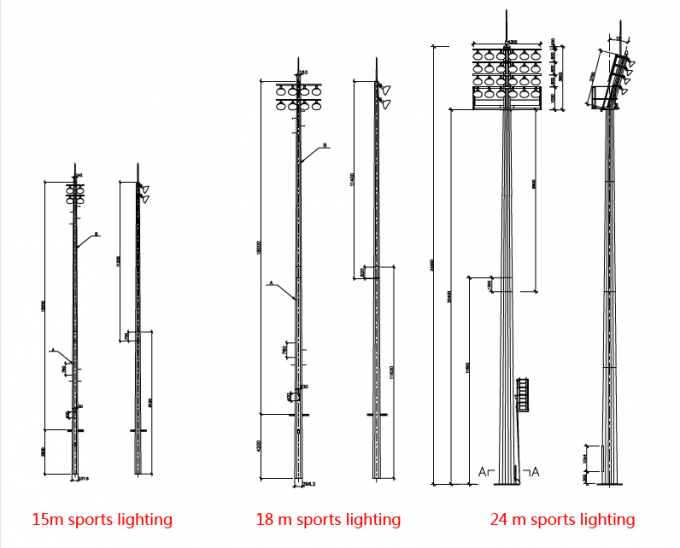 Προσαρμοσμένος 50m Polygonal σταδίων φωτισμός Πολωνός πύργων ιστών ποδοσφαίρου υψηλός για το γήπεδο ποδοσφαίρου με 40 φω'τα 2